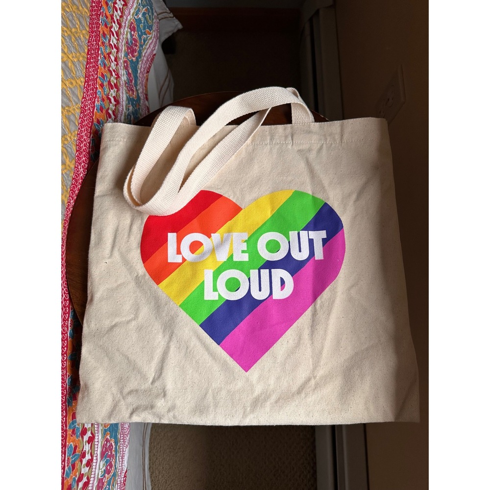 Old Navy Love Out Loud Rainbow Heart Canvas Tote Bag Cream Pride 100% Cotton